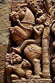 Orissa - Bhubaneswar. Rajarani temple, frieze of a virala dragon represented rampant with a knight raiding the monster.