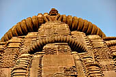 Orissa - Bhubaneswar. Rajarani temple, 'deul charinis' figures supporting the amalaka in the four cardinal directions. Particular form of lioness the charinis are related to the demi-gods floating through the air. 