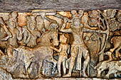 Udaigiri Cave 1 Rani Gumpha Queen's Cave - friezes of the upper storey. The story of a Kalinga queen carried away by Ashoka after the Kalinga battle. Detail of the fourth tableau: the prince with his horse and attendants.