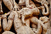 Orissa - Bhubaneswar. Vaital deul, detail of the panel on the north face of the deul: Durga killing the demon with  buffalo head. 