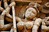 Orissa - Bhubaneswar. Vaital deul, detail of the panel on the north face of the deul: Durga killing the demon with  buffalo head.