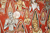 Dambulla cave temples - Cave 2, Maharaja Vihara (Temple of the Great Kings) panels of the Mara Parajaya (Defeat of Mara): panel of the Isipatana, details of the assembly receiving the first Buddha sermon.