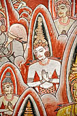 Dambulla cave temples - Cave 2, Maharaja Vihara (Temple of the Great Kings) panels of the Mara Parajaya (Defeat of Mara): panel of the Isipatana, details of the assembly receiving the first Buddha sermon.