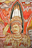 Dambulla cave temples - Cave 2, Maharaja Vihara (Temple of the Great Kings) panels of the Mara Parajaya (Defeat of Mara): panel of the Isipatana, details of the assembly receiving the first Buddha sermon.