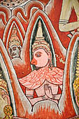 Dambulla cave temples - Cave 2, Maharaja Vihara (Temple of the Great Kings) panels of the Mara Parajaya (Defeat of Mara): panel of the Isipatana, details of the assembly receiving the first Buddha sermon.