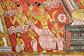 Dambulla cave temples - Cave 2, Maharaja Vihara (Temple of the Great Kings) panels of the Mara Parajaya (Defeat of Mara): in the second panel Buddha seated in dhyani mudra is tempted by the daughters of Mara.