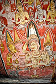 Dambulla cave temples - Cave 2, Maharaja Vihara (Temple of the Great Kings) panels of the Mara Parajaya (Defeat of Mara): panel of the Isipatana, details of the assembly receiving the first Buddha sermon.