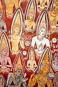 Dambulla cave temples - Cave 2, Maharaja Vihara (Temple of the Great Kings) panels of the Mara Parajaya (Defeat of Mara): panel of the Isipatana, details of the assembly receiving the first Buddha sermon.