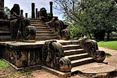 Polonnaruwa - the Citadel, the Council Chamber. The sumptuous stone stairways embellished with makara balustrades and topped with two lions.