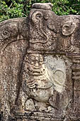 Polonnaruwa - the Vatadage. Detail of the balustrade of the western stairway decorated with lions and makaras. 