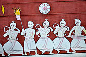 Kandy - The Sacred Tooth Relic Temple, entrance stairway: details of the canopy painted with lotuses and pictures of the perahera.