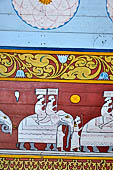 Kandy - The Sacred Tooth Relic Temple, entrance stairway: details of the canopy painted with lotuses and pictures of the perahera.