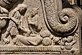 Kandy - The Sacred Tooth Relic Temple, the New Shrine Room. Details of the stone decorations of the external entrance.