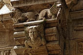 Kandy - The Sacred Tooth Relic Temple, the New Shrine Room. Details of the stone decorations of the external entrance.