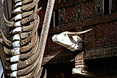 Pallawa - Traditional tongkonan house. The front of the house usually has a carved buffalo head and a collection of genuine buffalo horns.