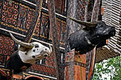 Pallawa - Traditional tongkonan house. The front of the house usually has a carved buffalo head and a collection of genuine buffalo horns.